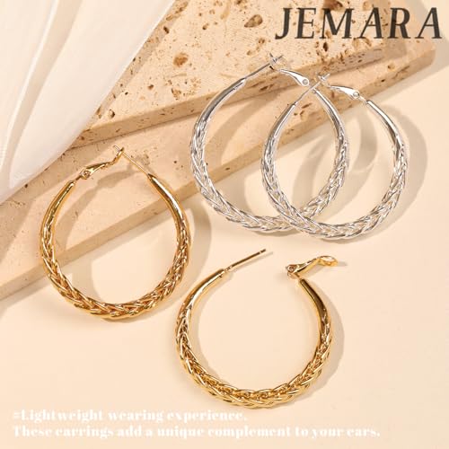 JEMARA Silver Hoop Earrings for Women Hypoallergenic 925 Sterling Silver Hoop Earrings Lightweight Large Thick Twisted Hoops 40MM