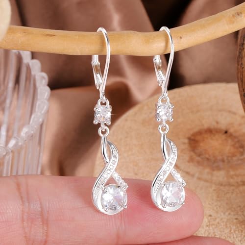 Sterling Silver Drop Dangle Earrings for Women Cubic Zirconia Leverback Dangle Earrings Dainty Trendy Hypoallergenic Drop Earring Hanging CZ Earing for Jewelry Gifts