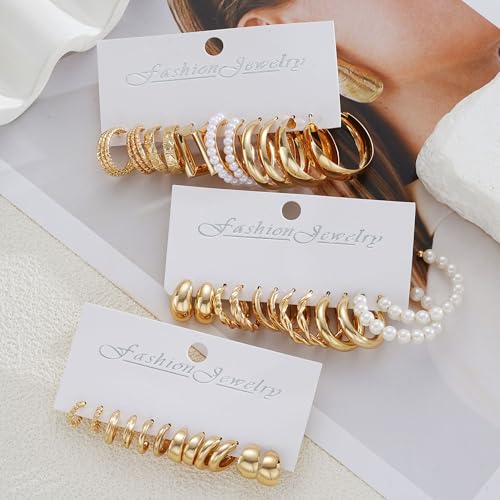 Gold Hoop Earrings Set for Women, 18 Pairs Hypoallergenic Open Pearl Hoops Earring pack, Gold Statement Hoop Earrings for Women Trendy Jewelry