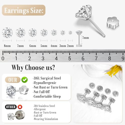 text 7-pairs-20g-flat-back-earrings-set-for-women-men-hypoallergenic-silver-14k-gold-stainless-steel-stud-earrings-plum-blossom-flat-back-studs-for-multiple-piercing-sensitive-ears-cz-earrings-2-8mm
