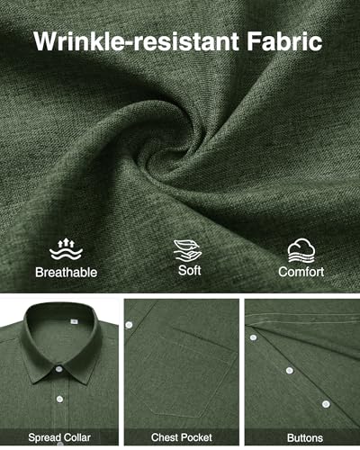 ROUWELL Olive Green Mens Linen Shirt Short Sleeve Wrinkle Free Casual Button Down Shirts Summer Vacation Tops Wedding Beach L