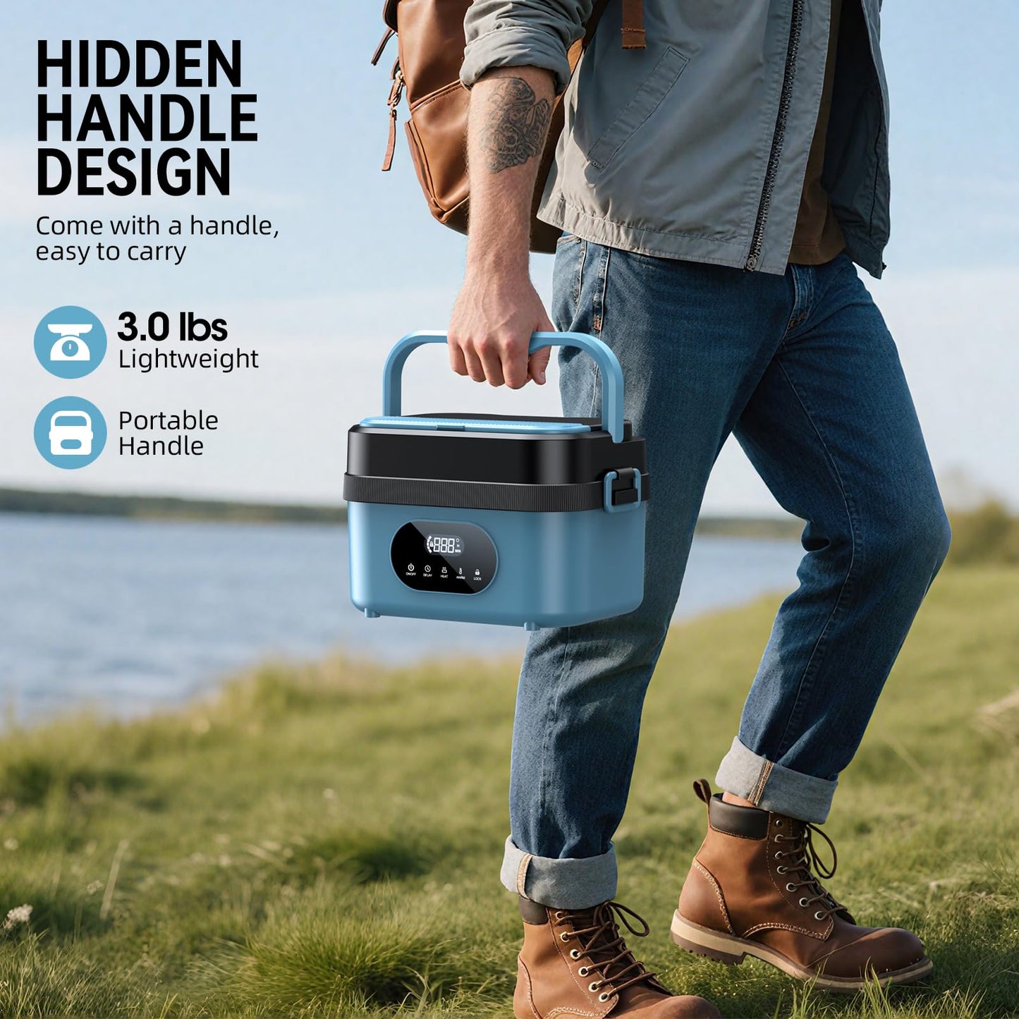 SEVENMEET Cordless Electric Lunch Box for Adults, 18000mAh Rechargeable Portable Self-Heating Lunch Box Food Warmer, 1.5L(6 Cups) Container for Outdoor, Work, Office, Camping, Travel(Blue&Black)