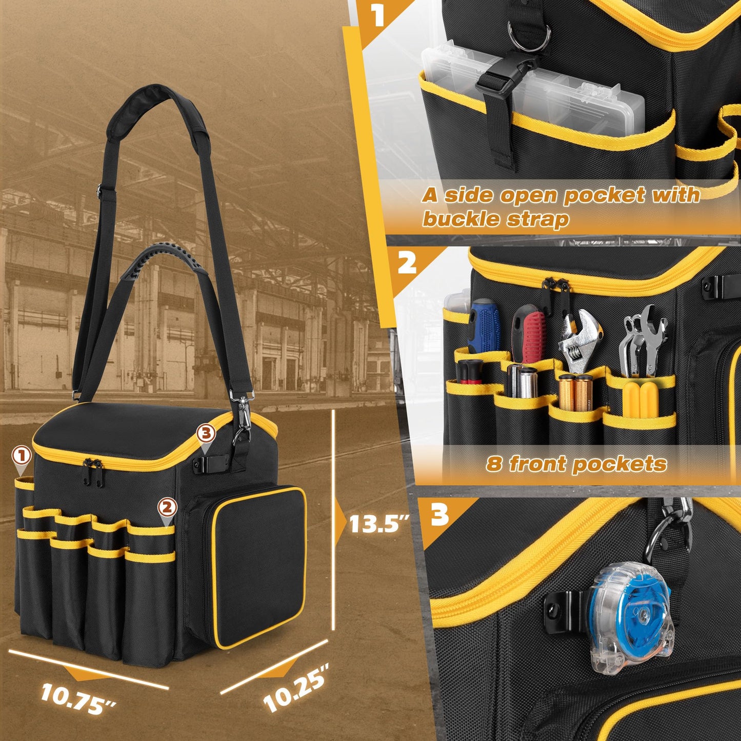 Marscamd Tool Bag with a Detachable Divider, Tool Tote with Multiple Pockets, Black