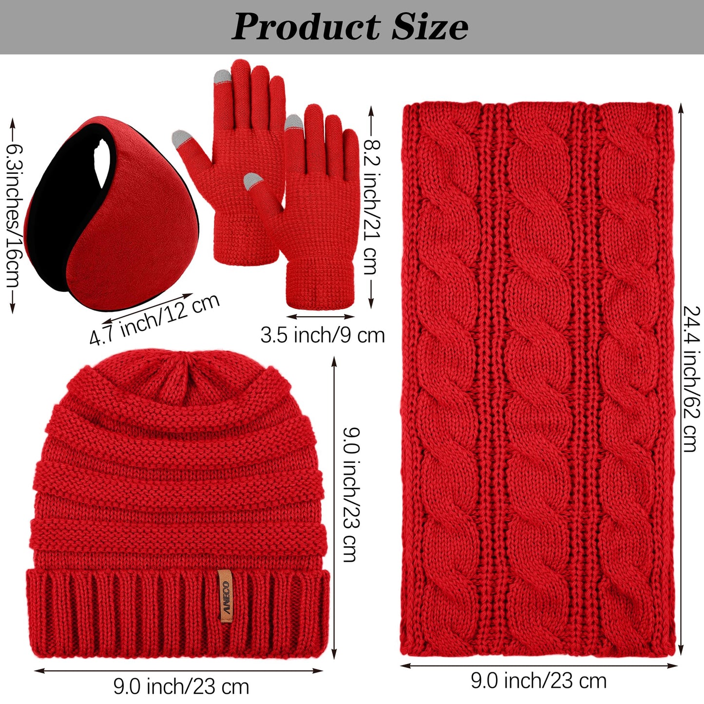 Aneco Winter Warm Sets Knitted Scarf Beanie Hat Touch Screen Gloves and Winter Ear Warmer for Men or Women
