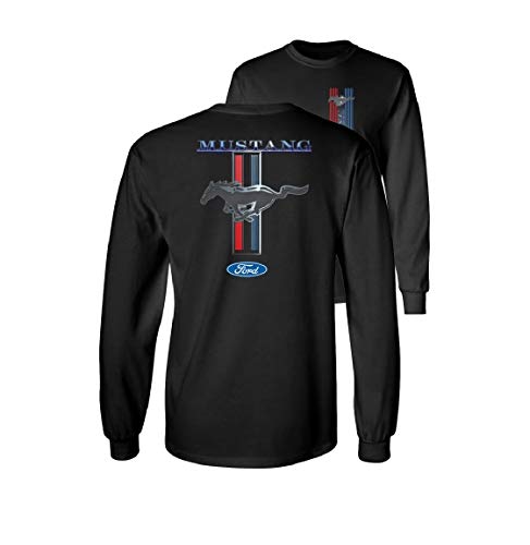 Ford Mustang Pony Racing Stripe 5.0 Muscle Long Sleeve T-Shirt Front Back Print-Black-X-Large