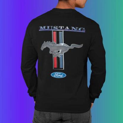Ford Mustang Pony Racing Stripe 5.0 Muscle Long Sleeve T-Shirt Front Back Print-Black-X-Large
