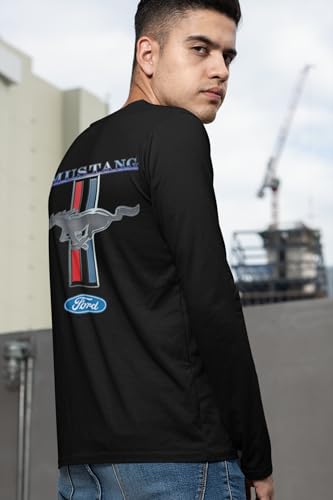 Ford Mustang Pony Racing Stripe 5.0 Muscle Long Sleeve T-Shirt Front Back Print-Black-X-Large