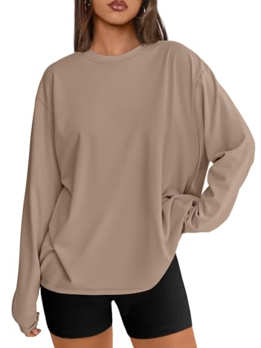 Trendy Queen Womens Oversized Long Sleeve T Shirts 2026 Basic Crewneck Tee Fall Tops Casual Workout Y2K Clothes Khaki M