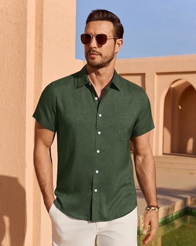 ROUWELL Olive Green Mens Linen Shirt Short Sleeve Wrinkle Free Casual Button Down Shirts Summer Vacation Tops Wedding Beach L