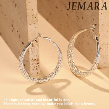 JEMARA Silver Hoop Earrings for Women Hypoallergenic 925 Sterling Silver Hoop Earrings Lightweight Large Thick Twisted Hoops 40MM