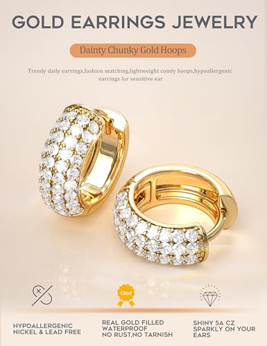 LOLIAS Small 14K Gold Plated Chunky Hoop Earrings for Women Hypoallergenic Silver Earrings Set for Sensitive Ears Non Tarnish Huggie Hoops Earring Stacks for Multiple Piercing Jewelry Lightweight 3Pairs Chunky 14K Gold Plated