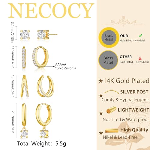 NECOCY Hoop Earrings Set for Women Stack Dangle Small 14k Gold Plated Huggie Ear Rings Trendy Multiple Piercing Stud Earrings CZ Ear Cuff Earings Non Tarnish Gifts Jewelry