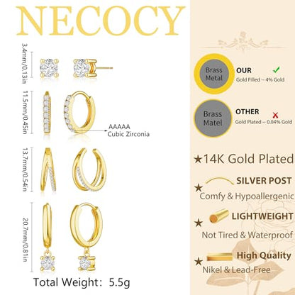 NECOCY Hoop Earrings Set for Women Stack Dangle Small 14k Gold Plated Huggie Ear Rings Trendy Multiple Piercing Stud Earrings CZ Ear Cuff Earings Non Tarnish Gifts Jewelry