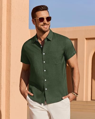 ROUWELL Olive Green Mens Linen Shirt Short Sleeve Wrinkle Free Casual Button Down Shirts Summer Vacation Tops Wedding Beach L