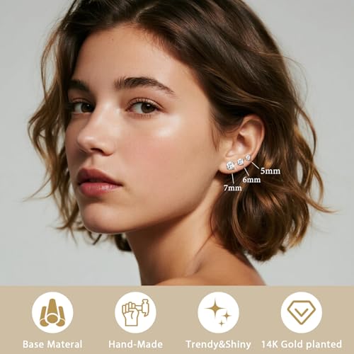text  7-pairs-20g-flat-back-earrings-set-for-women-men-hypoallergenic-silver-14k-gold-stainless-steel-stud-earrings-plum-blossom-flat-back-studs-for-multiple-piercing-sensitive-ears-cz-earrings-2-8mm