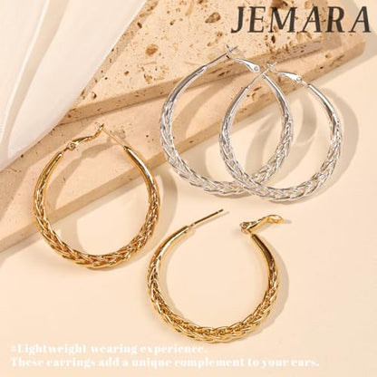 JEMARA Silver Hoop Earrings for Women Hypoallergenic 925 Sterling Silver Hoop Earrings Lightweight Large Thick Twisted Hoops 40MM