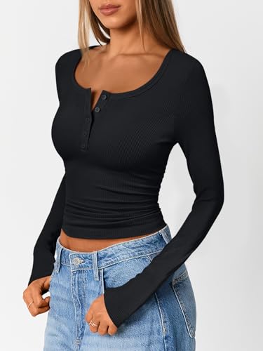 Trendy Queen Long Sleeve Shirts for Women Henley Ribbed Fall Tops Dressy Business Casual Teen Girl Winter Cute Basic Tees Black L