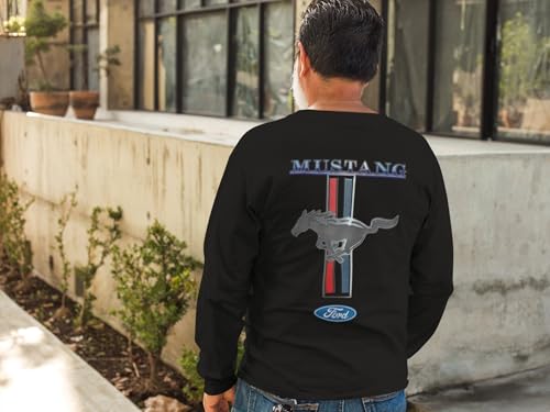 Ford Mustang Pony Racing Stripe 5.0 Muscle Long Sleeve T-Shirt Front Back Print-Black-X-Large
