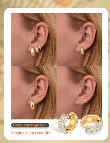 LOLIAS Small 14K Gold Plated Chunky Hoop Earrings for Women Hypoallergenic Silver Earrings Set for Sensitive Ears Non Tarnish Huggie Hoops Earring Stacks for Multiple Piercing Jewelry Lightweight 3Pairs Chunky 14K Gold Plated