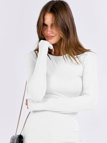 ANRABESS Women Long Sleeve Shirts Rib Knit Slim Fit Tops Basic Tee 2025 Fall Outfits Casual T-Shirt Underscrubs Layer Clothes White Medium