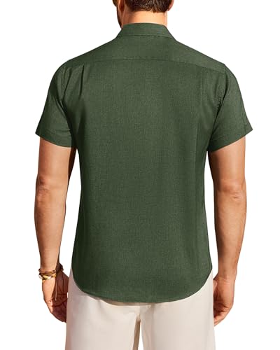 ROUWELL Olive Green Mens Linen Shirt Short Sleeve Wrinkle Free Casual Button Down Shirts Summer Vacation Tops Wedding Beach L