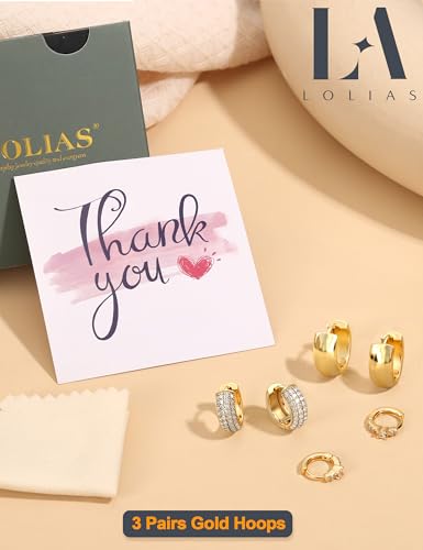 LOLIAS Small 14K Gold Plated Chunky Hoop Earrings for Women Hypoallergenic Silver Earrings Set for Sensitive Ears Non Tarnish Huggie Hoops Earring Stacks for Multiple Piercing Jewelry Lightweight 3Pairs Chunky 14K Gold Plated