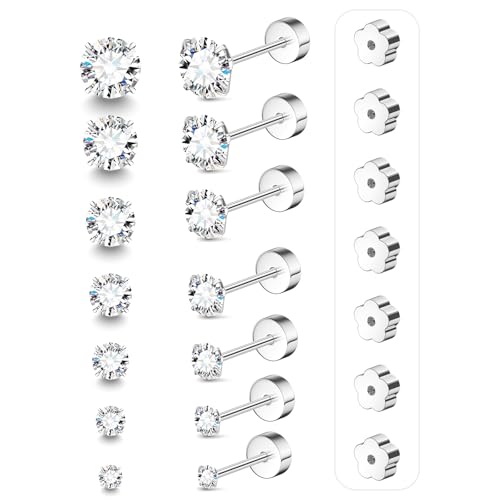 text  7-pairs-20g-flat-back-earrings-set-for-women-men-hypoallergenic-silver-14k-gold-stainless-steel-stud-earrings-plum-blossom-flat-back-studs-for-multiple-piercing-sensitive-ears-cz-earrings-2-8mm