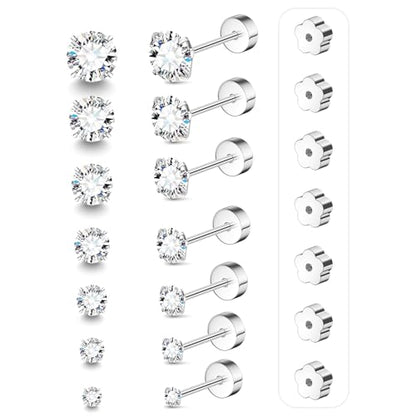 text  7-pairs-20g-flat-back-earrings-set-for-women-men-hypoallergenic-silver-14k-gold-stainless-steel-stud-earrings-plum-blossom-flat-back-studs-for-multiple-piercing-sensitive-ears-cz-earrings-2-8mm