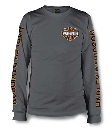 text  harley-davidson-mens-long-sleeve-orange-bar-shield-grey-shirt-30291963-xl