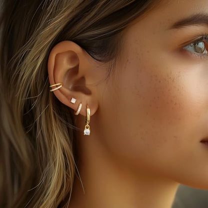 NECOCY Hoop Earrings Set for Women Stack Dangle Small 14k Gold Plated Huggie Ear Rings Trendy Multiple Piercing Stud Earrings CZ Ear Cuff Earings Non Tarnish Gifts Jewelry