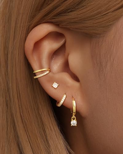 NECOCY Hoop Earrings Set for Women Stack Dangle Small 14k Gold Plated Huggie Ear Rings Trendy Multiple Piercing Stud Earrings CZ Ear Cuff Earings Non Tarnish Gifts Jewelry