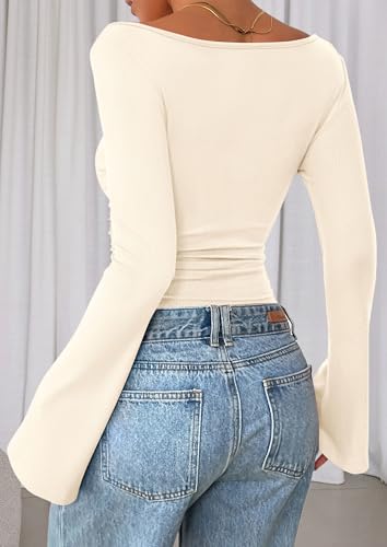PRETTYGARDEN Womens Long Sleeve Shirts 2026 Spring Crop Going Out Tops Casual Boat Neck Bell Sleeve Ribbed Ruched Y2K Clothes (Beige,Medium)