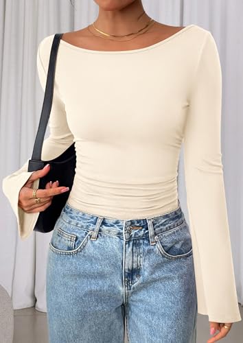 PRETTYGARDEN Womens Long Sleeve Shirts 2026 Spring Crop Going Out Tops Casual Boat Neck Bell Sleeve Ribbed Ruched Y2K Clothes (Beige,Medium)