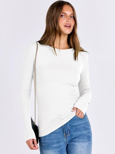 ANRABESS Women Long Sleeve Shirts Rib Knit Slim Fit Tops Basic Tee 2025 Fall Outfits Casual T-Shirt Underscrubs Layer Clothes White Medium