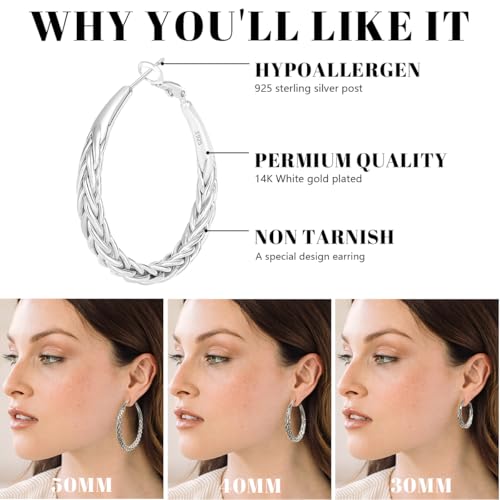 JEMARA Silver Hoop Earrings for Women Hypoallergenic 925 Sterling Silver Hoop Earrings Lightweight Large Thick Twisted Hoops 40MM