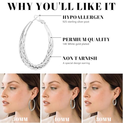 JEMARA Silver Hoop Earrings for Women Hypoallergenic 925 Sterling Silver Hoop Earrings Lightweight Large Thick Twisted Hoops 40MM