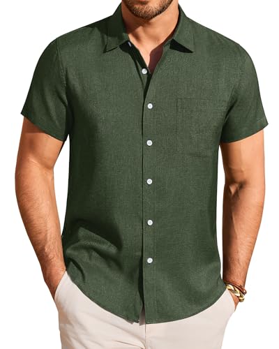 ROUWELL Olive Green Mens Linen Shirt Short Sleeve Wrinkle Free Casual Button Down Shirts Summer Vacation Tops Wedding Beach L