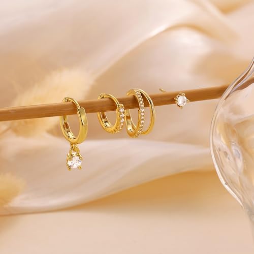 NECOCY Hoop Earrings Set for Women Stack Dangle Small 14k Gold Plated Huggie Ear Rings Trendy Multiple Piercing Stud Earrings CZ Ear Cuff Earings Non Tarnish Gifts Jewelry