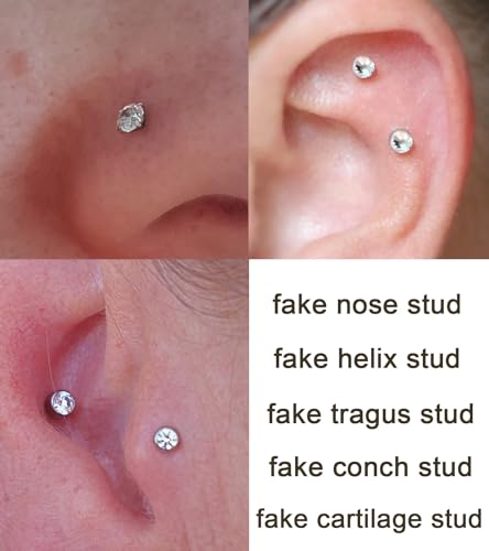 MODRSA Fake Nose Ring Stud Earrings - Silver Helix & Conch Studs - 3mm, 4mm, 5mm