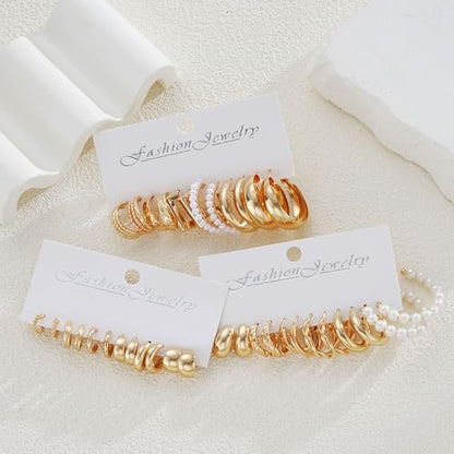 Gold Hoop Earrings Set for Women, 18 Pairs Hypoallergenic Open Pearl Hoops Earring pack, Gold Statement Hoop Earrings for Women Trendy Jewelry