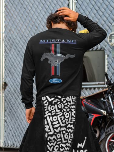 Ford Mustang Pony Racing Stripe 5.0 Muscle Long Sleeve T-Shirt Front Back Print-Black-X-Large