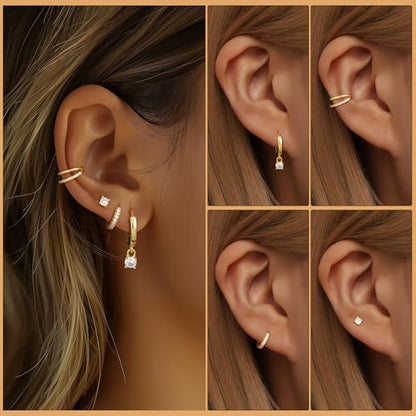 NECOCY Hoop Earrings Set for Women Stack Dangle Small 14k Gold Plated Huggie Ear Rings Trendy Multiple Piercing Stud Earrings CZ Ear Cuff Earings Non Tarnish Gifts Jewelry