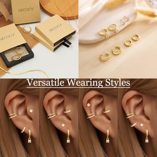 NECOCY Hoop Earrings Set for Women Stack Dangle Small 14k Gold Plated Huggie Ear Rings Trendy Multiple Piercing Stud Earrings CZ Ear Cuff Earings Non Tarnish Gifts Jewelry