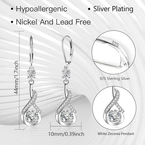 Sterling Silver Drop Dangle Earrings for Women Cubic Zirconia Leverback Dangle Earrings Dainty Trendy Hypoallergenic Drop Earring Hanging CZ Earing for Jewelry Gifts