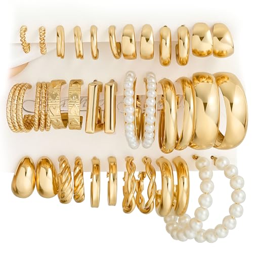 Gold Hoop Earrings Set for Women, 18 Pairs Hypoallergenic Open Pearl Hoops Earring pack, Gold Statement Hoop Earrings for Women Trendy Jewelry