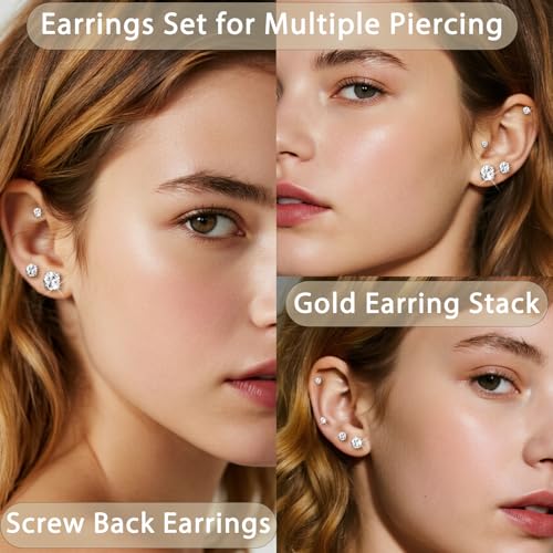 text  7-pairs-20g-flat-back-earrings-set-for-women-men-hypoallergenic-silver-14k-gold-stainless-steel-stud-earrings-plum-blossom-flat-back-studs-for-multiple-piercing-sensitive-ears-cz-earrings-2-8mm