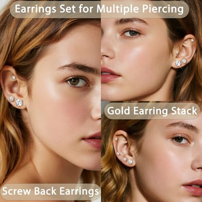 text  7-pairs-20g-flat-back-earrings-set-for-women-men-hypoallergenic-silver-14k-gold-stainless-steel-stud-earrings-plum-blossom-flat-back-studs-for-multiple-piercing-sensitive-ears-cz-earrings-2-8mm