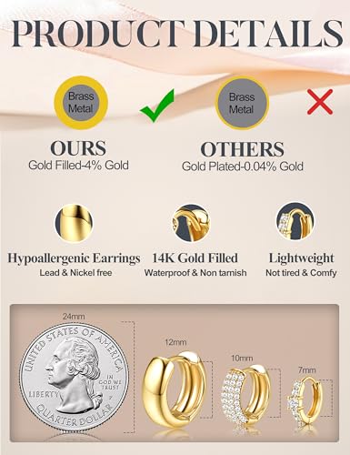 LOLIAS Small 14K Gold Plated Chunky Hoop Earrings for Women Hypoallergenic Silver Earrings Set for Sensitive Ears Non Tarnish Huggie Hoops Earring Stacks for Multiple Piercing Jewelry Lightweight 3Pairs Chunky 14K Gold Plated