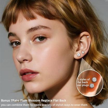 text  7-pairs-20g-flat-back-earrings-set-for-women-men-hypoallergenic-silver-14k-gold-stainless-steel-stud-earrings-plum-blossom-flat-back-studs-for-multiple-piercing-sensitive-ears-cz-earrings-2-8mm