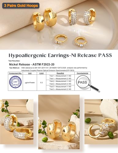 LOLIAS Small 14K Gold Plated Chunky Hoop Earrings for Women Hypoallergenic Silver Earrings Set for Sensitive Ears Non Tarnish Huggie Hoops Earring Stacks for Multiple Piercing Jewelry Lightweight 3Pairs Chunky 14K Gold Plated